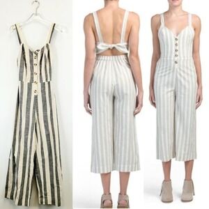 Boho Resort Cut Out Jumpsuit Womens S Gray White Stripe Baggy Hippie Vacay JAPNA
